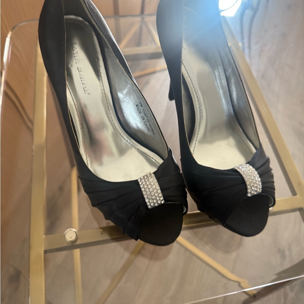 David's Bridal Black Peep-Toe Heels with Rhinestone Accent